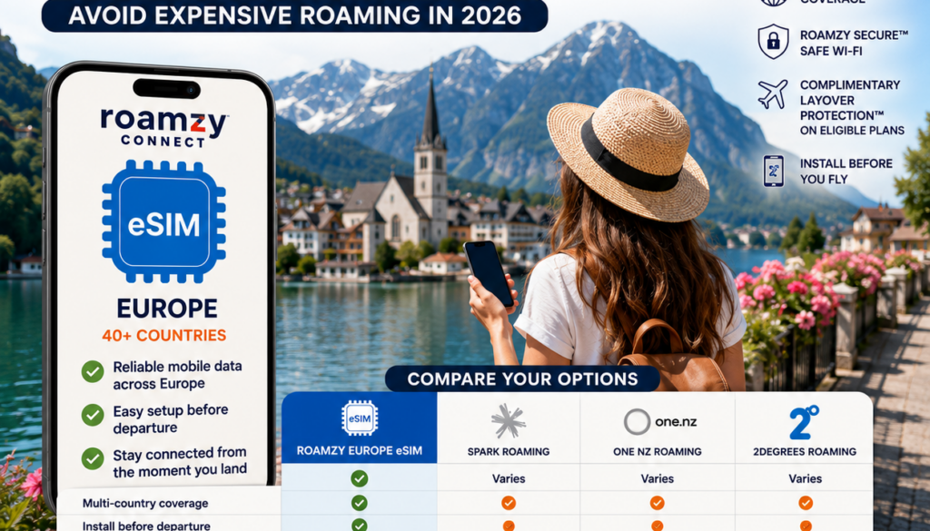 Best eSIM for Europe from New Zealand comparing Roamzy Europe eSIM with New Zealand roaming options