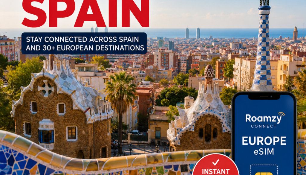 Best eSIM for Spain showing Barcelona, Madrid and Spanish travel